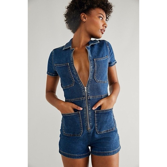 New Free People We The Free CRVY Lennox Shortsuit Denim Jumpsuit Blue - Picture 1 of 10